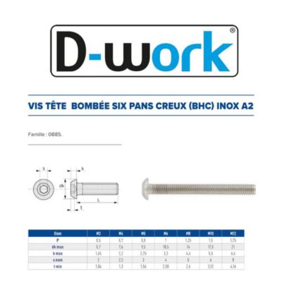 100 Vis Métaux Tête Bombée 6 Pans Creux BHC 8 x 10 mm - 7380-1 - Inox A2 - D-Work