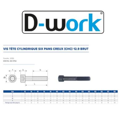 100 Vis Métaux Tête Cylindrique 6 Pans Creux CHC F/Total 10 x 16 mm - DIN 912 - 12.9 - Brut - D-Work