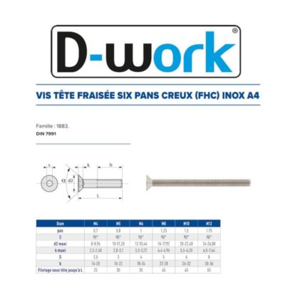 100 Vis Métaux Tête Fraisée 6 Pans Creux FHC 8 x 25 mm - DIN 7991 - Inox A4 - D-Work