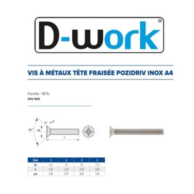 100 Vis Métaux Tête Fraisée Pozidriv 6 x 80 mm - DIN 965 - Inox A4 - D-Work