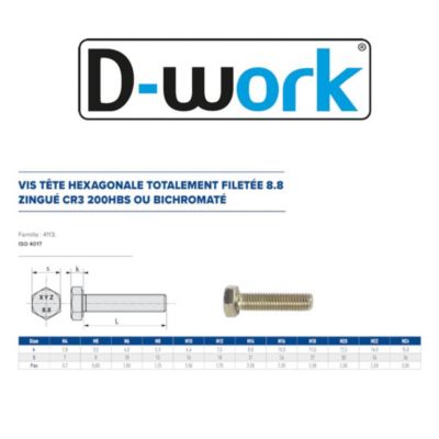 100 Vis Métaux Tête Hexagonale F/Total 24 x 60 mm - 4017 - 8.8 - Zingué CR3 - D-Work