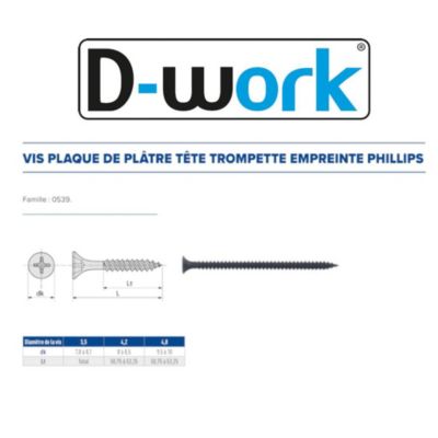 1000 Vis Plaque de Plâtre Trompette Phillips D. 3.5 x 25 mm - Phosphaté ...