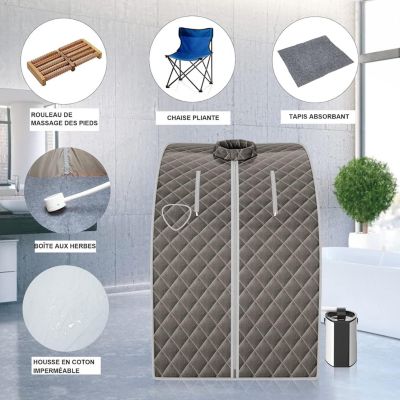 1000W Sauna à Vapeur Portable 3L Sauna Cabine Pliable avec Chaise Température Réglable à 64 degrés 9 Minuterie Réglable Gris