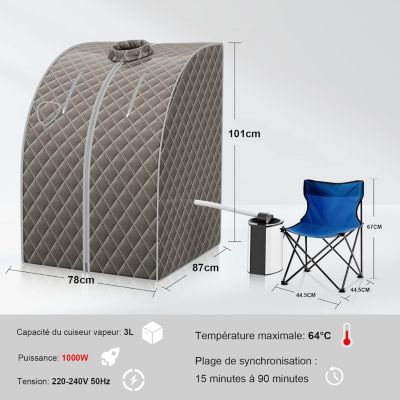 1000W Sauna à Vapeur Portable 3L Sauna Cabine Pliable avec Chaise Température Réglable à 64 degrés 9 Minuterie Réglable Gris