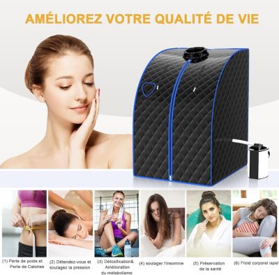 1000W Sauna à Vapeur Portable 3L Sauna Cabine Pliable avec Chaise Température Réglable à 64 degrés 9 Minuterie Réglable Noir