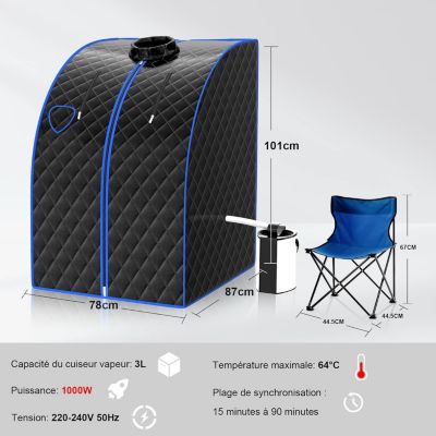 1000W Sauna à Vapeur Portable 3L Sauna Cabine Pliable avec Chaise Température Réglable à 64 degrés 9 Minuterie Réglable Noir
