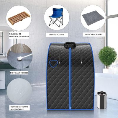 1000W Sauna à Vapeur Portable 3L Sauna Cabine Pliable avec Chaise Température Réglable à 64 degrés 9 Minuterie Réglable Noir