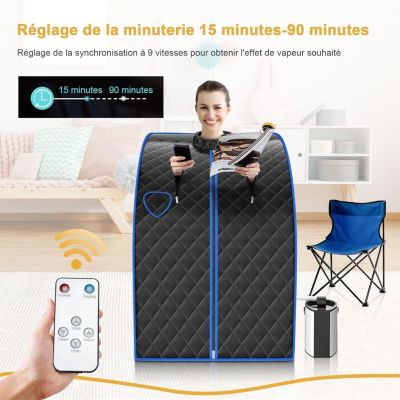 1000W Sauna à Vapeur Portable 3L Sauna Cabine Pliable avec Chaise Température Réglable à 64 degrés 9 Minuterie Réglable Noir