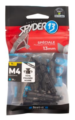 12 chevilles corps creux acier zingué Spyder M4 13mm + vis tête fraisée noires