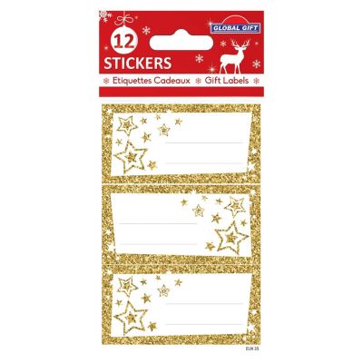 12 étiquettes adhésives de Noël - Étoiles dorées à paillettes