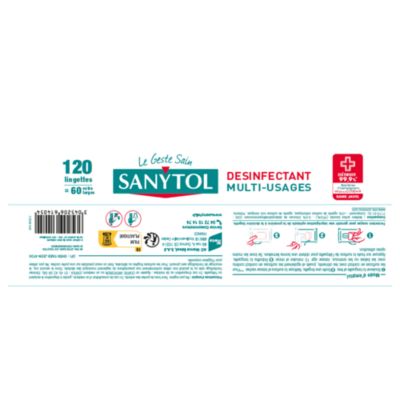 120 lingettes désinfectantes multi-usages eucalyptus Sanytol 0,2L
