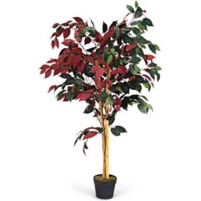 120CM Plante Artificielle Arbre Ficus Artificiel en Pot Simulation de Ficus aux Feuilles Mixtes Rouges et Vertes