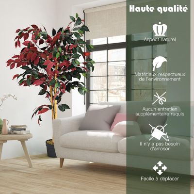 120CM Plante Artificielle Arbre Ficus Artificiel en Pot Simulation de Ficus aux Feuilles Mixtes Rouges et Vertes