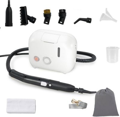1500W Nettoyeur vapeur 3 bars, avec réservoir d'eau 1 L, 9 accessoires, pour tapis, rideaux, cuisine, salle de bain, (blanc)