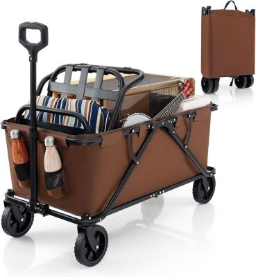 170 L Chariot de Transport Pliable avec Guidon Réglable, Porte-Bouteilles et Poche de Rangement,Pliable,Charge 100KG (Marron)