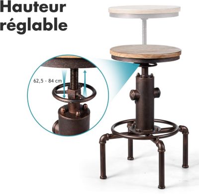 1Pc Tabouret de Bar Industriel-Hauteur Réglable de 60-75CM-Chaise Haute Cuisine avec Pieds Antidérapants et Repose-Pieds