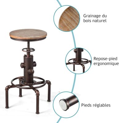 1Pc Tabouret de Bar Industriel-Hauteur Réglable de 60-75CM-Chaise Haute Cuisine avec Pieds Antidérapants et Repose-Pieds