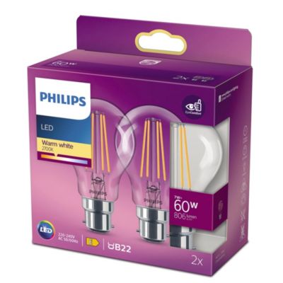 2 ampoules LED à filament A60 B22 806lm = 60W Ø6cm blanc chaud Philips