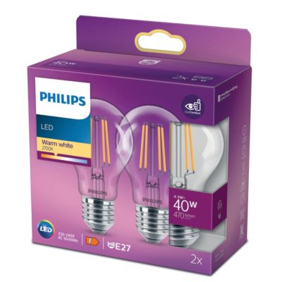 2 ampoules LED à filament E27 470lm 40W IP20 blanc chaud Philips