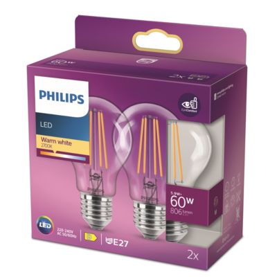 2 ampoules LED E27 filament transparent 806 lm blanc chaud 5,9W Philips