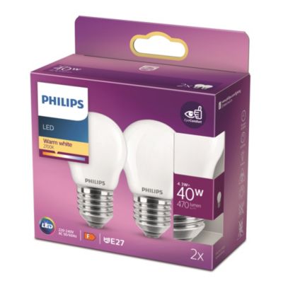 2 ampoules LED sphériques E27 470lm = 40W Ø4,5cm blanc chaud Philips