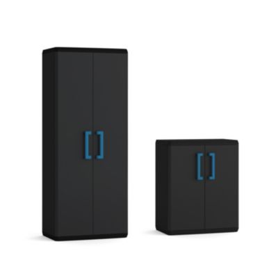 2 Armoires de garage haute et basse noir et bleu l.68 x H.166 x P.39 cm + basse l.68 x H.83 x P.39 cm Keter Quadra