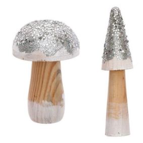 2 champignons décoratifs en bois argentés