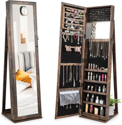 2 en 1 Armoire a Bijoux Verrouillable sur Pied avec Psyche pour Bagues Bracelets Boucle OreillesColliers Marron