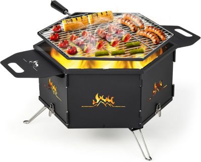 2 En 1 Barbecue Extérieur XL avec Grill Portable au Charbon Bois avec Pieds Pliables pour 5 Personnes