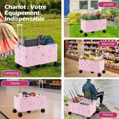 2 en 1 Chariot de Plage Pliant 150 L avec Bac de Rangement à 2 Niveaux,avec 5 Roues Poignée Reglable,85 x 50 x 56 cm(Rose)