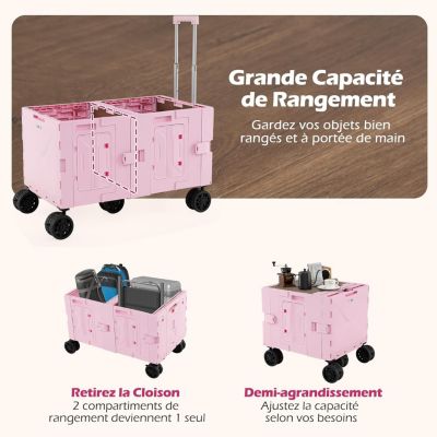 2 en 1 Chariot de Plage Pliant 150 L avec Bac de Rangement à 2 Niveaux,avec 5 Roues Poignée Reglable,85 x 50 x 56 cm(Rose)