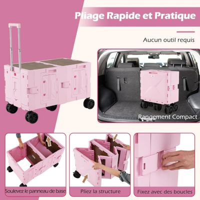 2 en 1 Chariot de Plage Pliant 150 L avec Bac de Rangement à 2 Niveaux,avec 5 Roues Poignée Reglable,85 x 50 x 56 cm(Rose)
