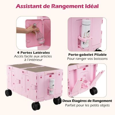 2 en 1 Chariot de Plage Pliant 150 L avec Bac de Rangement à 2 Niveaux,avec 5 Roues Poignée Reglable,85 x 50 x 56 cm(Rose)