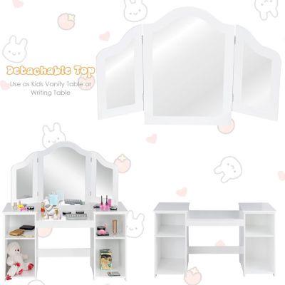 2 en 1 Coiffeuse Enfants Table de Toilette avec Miroir à 3 Volets Pliable Partie Supérieure Amovible Bois Bureau Blanc
