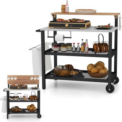 2 en 1 Desserte Jardin Exterieur avec Plateau Rabattable, Desserte Plancha Barbecue 3 Niveaux 135+45+25KG,116x55x130CM