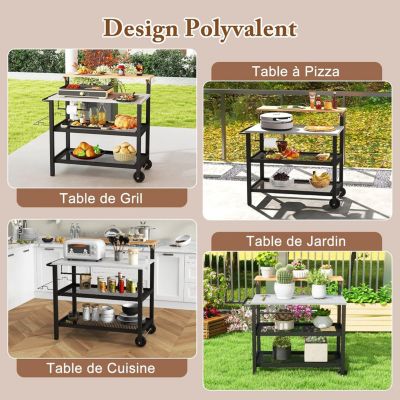 2 en 1 Desserte Jardin Exterieur avec Plateau Rabattable, Desserte Plancha Barbecue 3 Niveaux 135+45+25KG,116x55x130CM