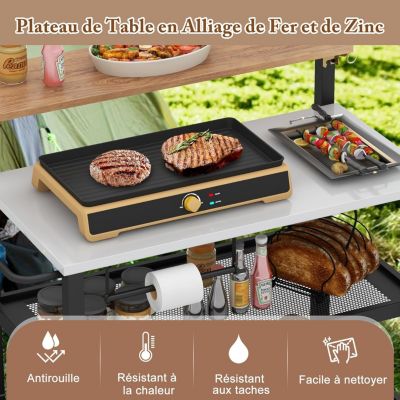 2 en 1 Desserte Jardin Exterieur avec Plateau Rabattable, Desserte Plancha Barbecue 3 Niveaux 135+45+25KG,116x55x130CM