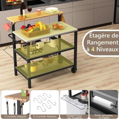 2 en 1 Desserte Jardin Exterieur avec Plateau Rabattable, Desserte Plancha Barbecue 3 Niveaux 135+45+25KG,116x55x130CM