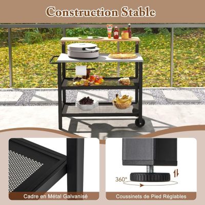 2 en 1 Desserte Jardin Exterieur avec Plateau Rabattable, Desserte Plancha Barbecue 3 Niveaux 135+45+25KG,116x55x130CM