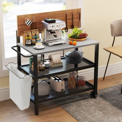 2 en 1 Desserte Jardin Exterieur avec Plateau Rabattable, Desserte Plancha Barbecue 3 Niveaux 135+45+25KG,116x55x130CM
