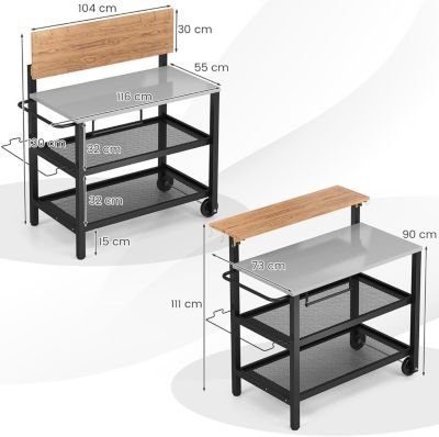 2 en 1 Desserte Jardin Exterieur avec Plateau Rabattable, Desserte Plancha Barbecue 3 Niveaux 135+45+25KG,116x55x130CM
