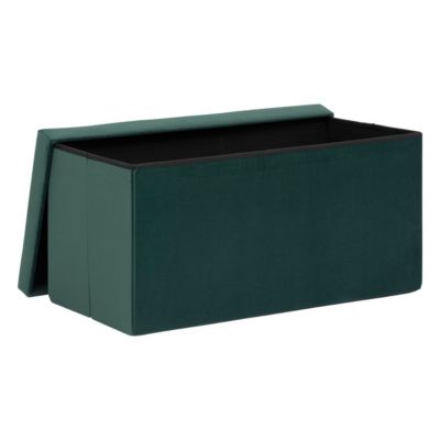 2 en 1 Pouf pliant double et coffre de rangement Velours Vert cèdre 76 x H 38 cm