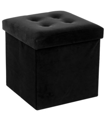 2 en 1 Pouf pliant et coffre de rangement Velours Noir 38 x 38 cm