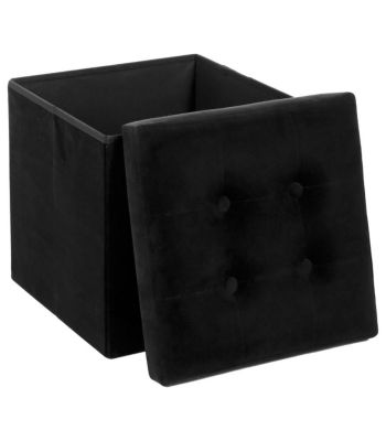 2 en 1 Pouf pliant et coffre de rangement Velours Noir 38 x 38 cm