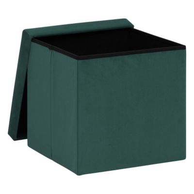 2 en 1 Pouf pliant et coffre de rangement Velours Vert cèdre 38 x 38 cm