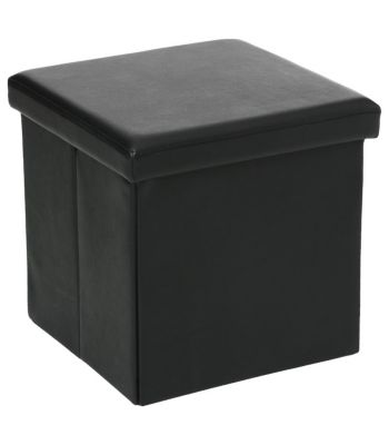 2 en 1 Pouf pliant et coffre de rangement Vinyle Noir  38 x H 37.5 cm