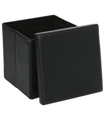 2 en 1 Pouf pliant et coffre de rangement Vinyle Noir  38 x H 37.5 cm