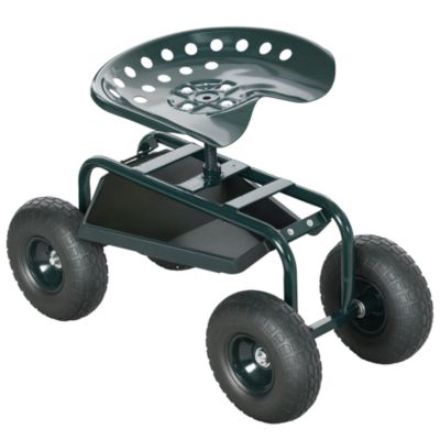 2 en 1 tabouret pivotant réglable chariot mobile de jardin charge max. 150 Kg rangement acier vert