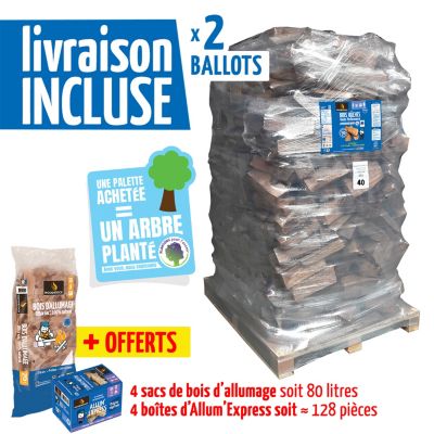2 Packs bois de chauffage Woodstock – 2 palettes – bûches 40 cm + allumage + allume-feux – prêt à l’emploi <20 % – idéal poêle et cheminée – bois NF