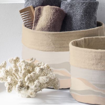 2 paniers ronds salle de bains en polycoton motifs design coloris beige Ø20 x H.25 cm, Future Home Dune